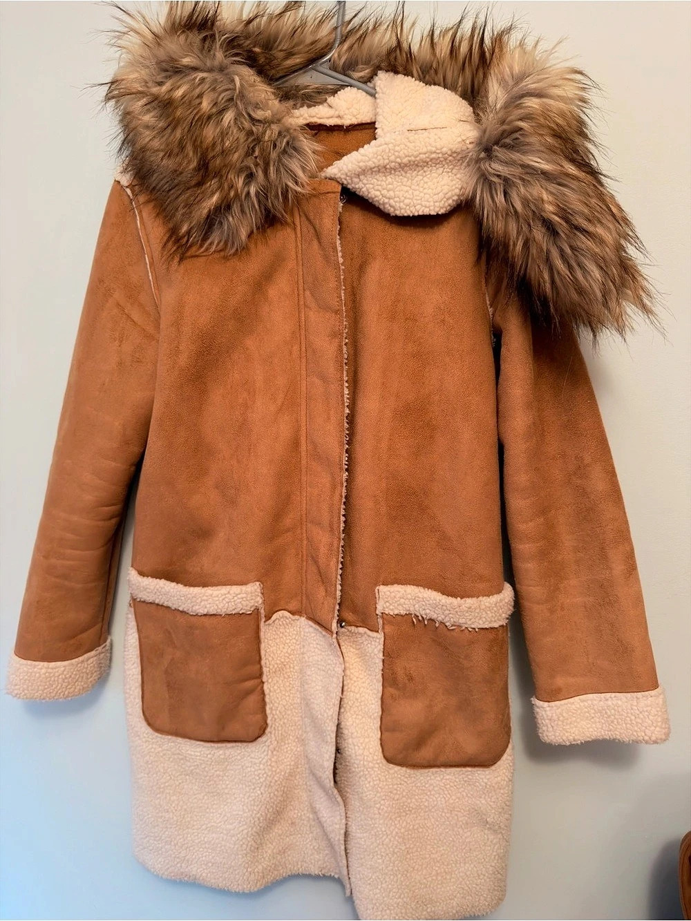 Primark Faux Shearling Hooded Coat Brown & Cream Medium